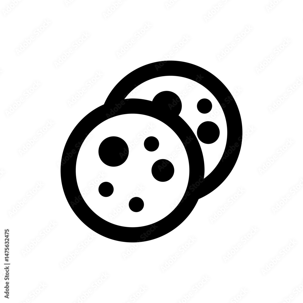 Poster two cookies with circular shapes and dark spots are stacked slightly overlapping in a simple black o
