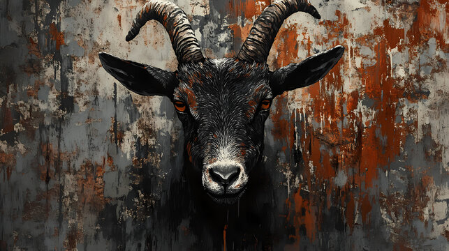 A goat's face in tight focus against a grungy wall, adorned with rusted paint.or, if you prefer to keep it closer to the original. [Cursed Menagerie] | Bleakhorn Den | rusted stag. Illustration