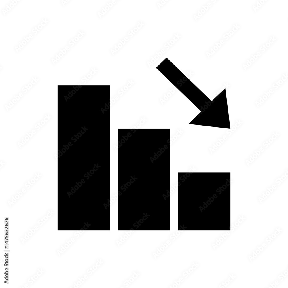 Poster declining bar graph with a downward pointing arrow indicating a negative trend or decrease in value 