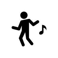 Silhouette of a stick figure dancing with arms raised next to a musical note on a white background view