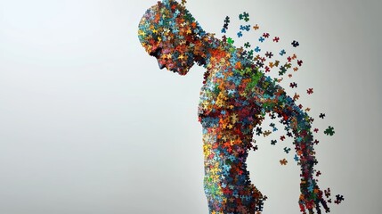 Figure made of puzzle pieces shifting form symbolizing metamorphosis transformation and creativity evolving thoughts imaginative concept vibrant details