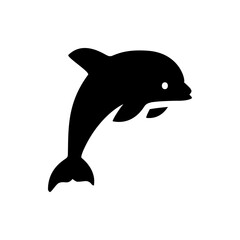 Fototapeta premium Silhouette illustration of a dolphin leaping upwards with visible eye and pectoral fins, tail flukes, and dorsal fin