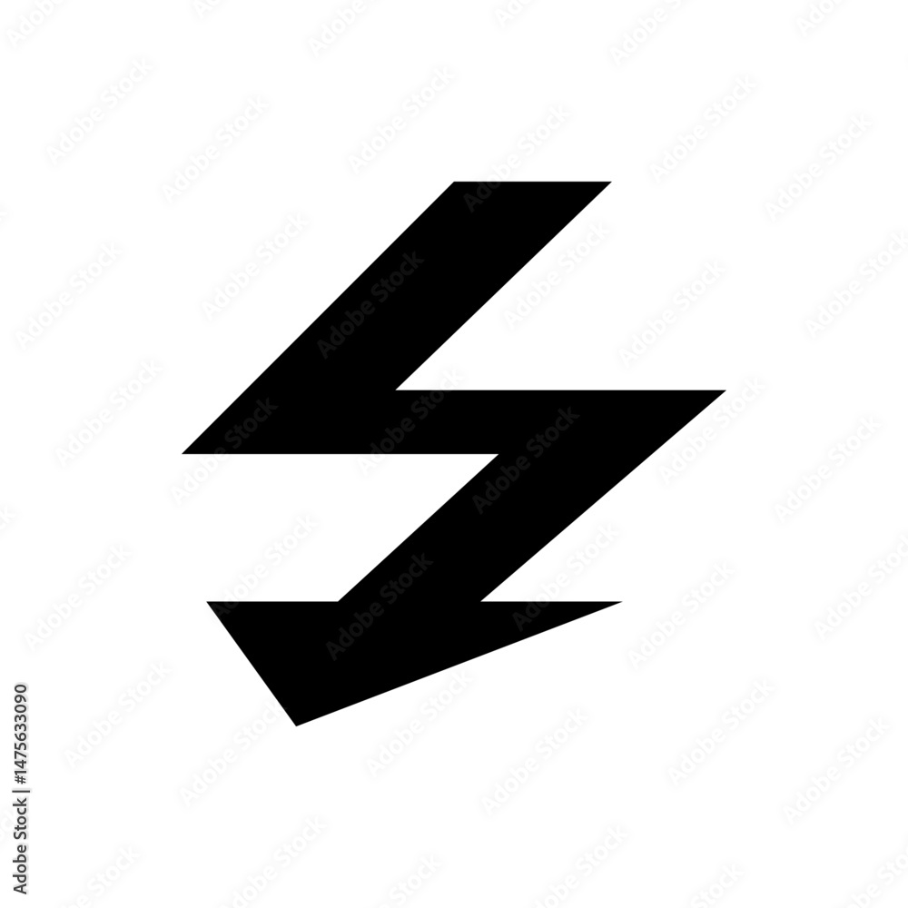 Poster a bold black lightning bolt symbol diagonally oriented on a white backdrop with sharp angles and dis