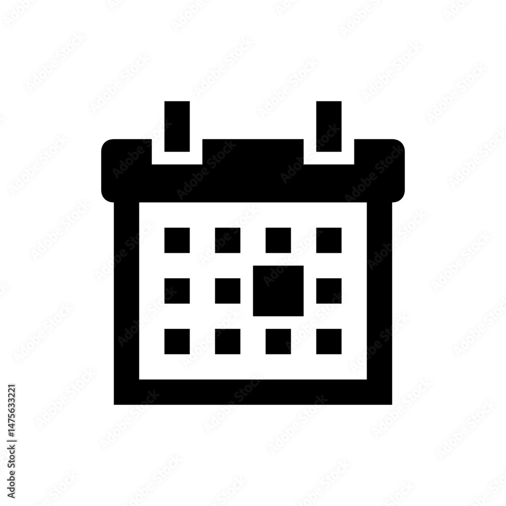 Poster illustration of a black and white calendar icon with grid pattern representing days and appointments