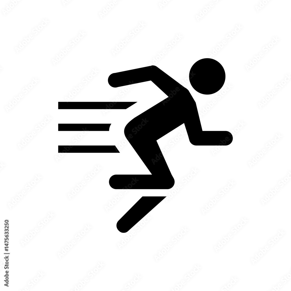 Poster silhouette of a stick figure running with speed lines indicating motion and movement on a white back