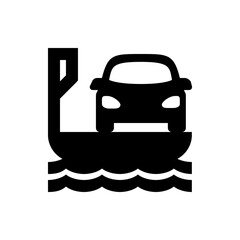 Black silhouette of a car partially submerged in water next to a structure on the left side view