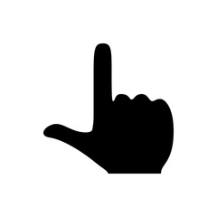 A simple black silhouette of a hand with the index finger pointing upwards on a plain white background view