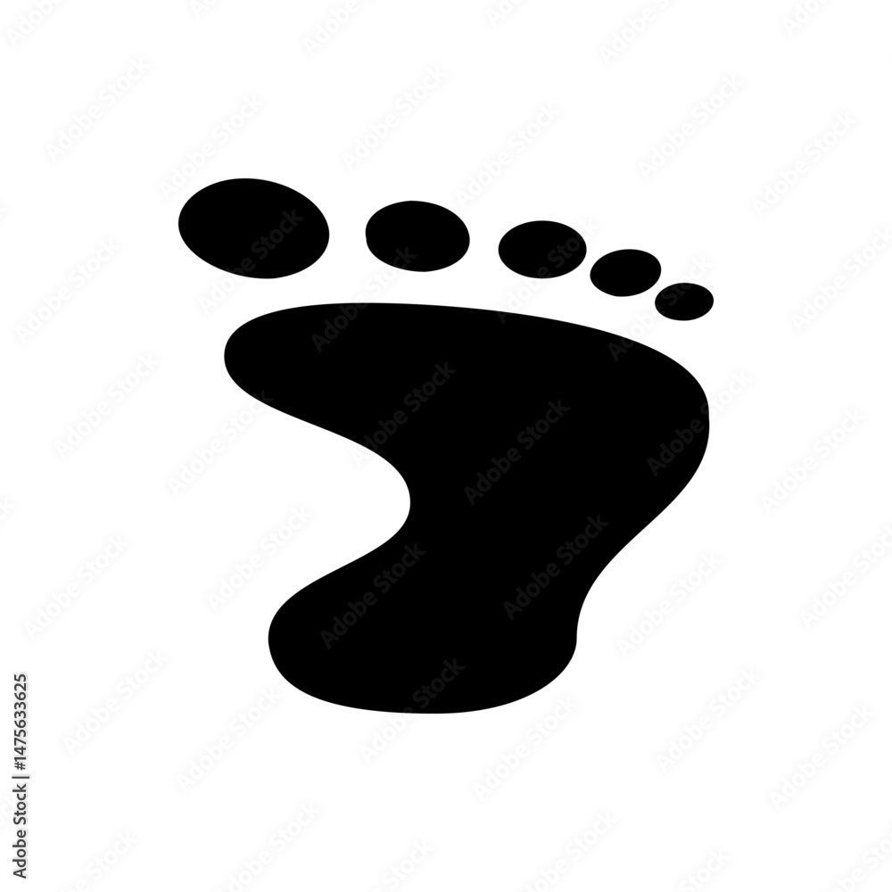 Poster illustration of a single black footprint with five toes on a white background in a simple vector gra