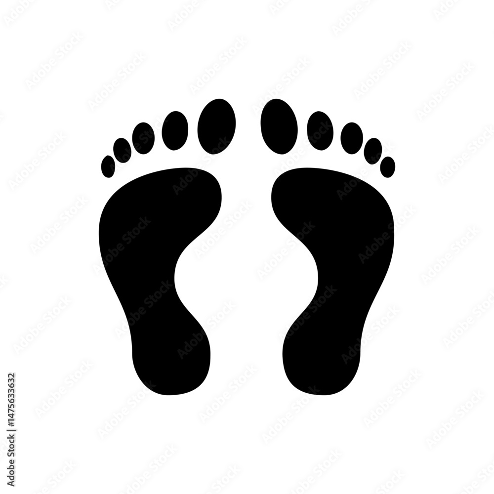 Poster two black footprints facing each other with toes pointing inward on a white background in simple des