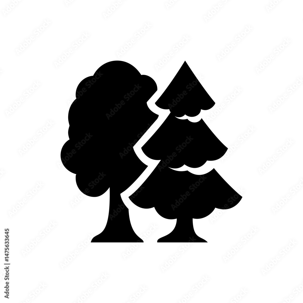 Poster illustration of two trees with different shapes one round and one triangular in black and white colo