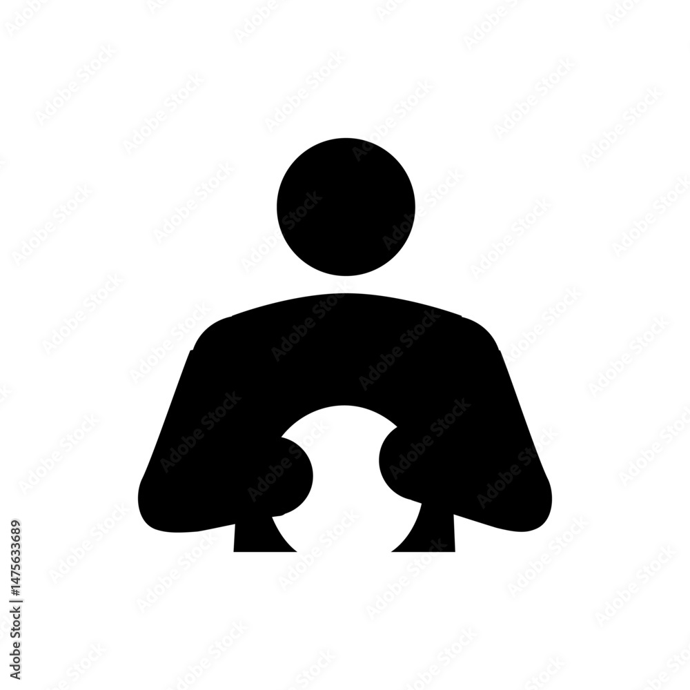 Poster silhouette of person holding a white circular object with curved indentations in a black and white i