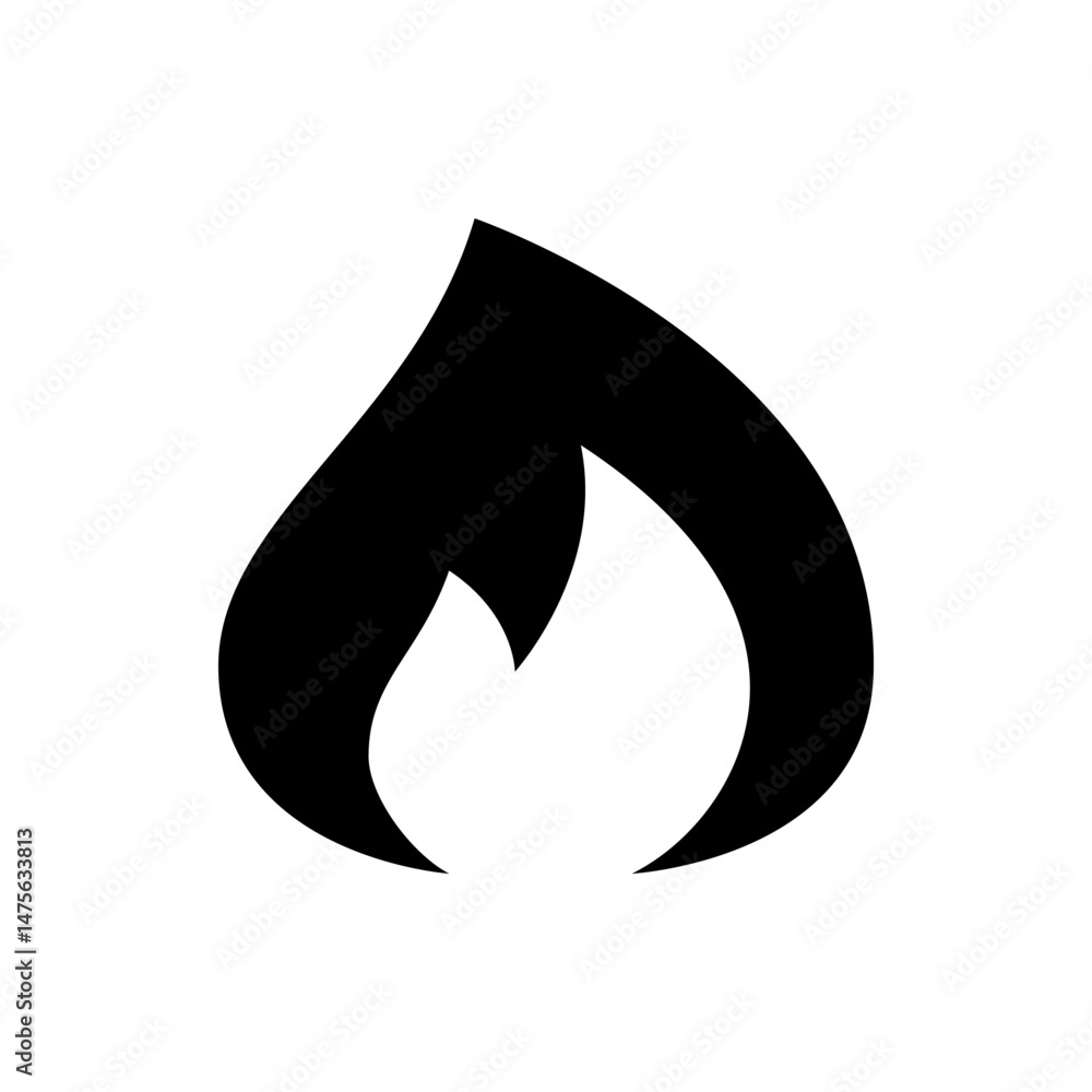 Poster a graphic representation of a flame in black and white with a stylized design and smooth curves shap