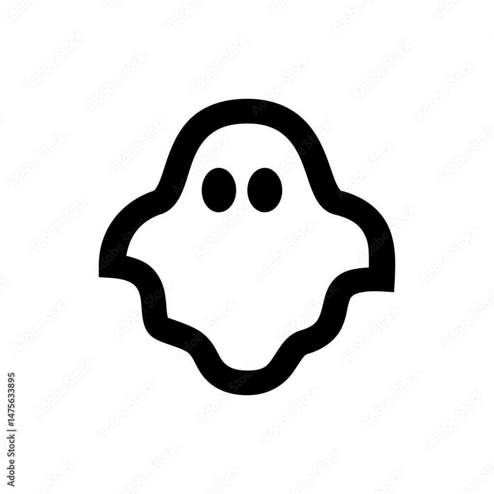 Poster stylized ghost with rounded shape and two circular eyes in black outline on a white background desig