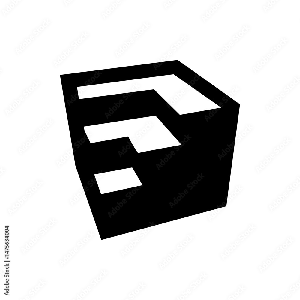 Poster isometric black cube with three white cutouts of varying sizes on its visible faces illustration