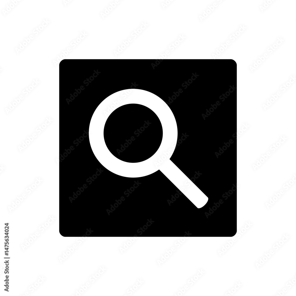 Poster white magnifying glass icon on a black square background with rounded corners in a simple vector des