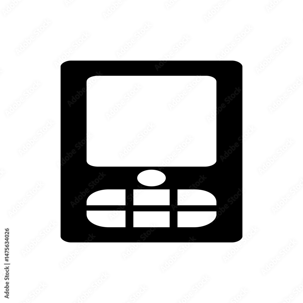 Poster illustration of a black mobile phone with a white screen and square buttons arranged in a grid forma