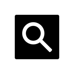 White magnifying glass icon on a black square background with rounded corners in a simple vector design