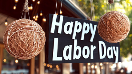 Celebratory sign showing Happy Labor Day along with decorative twine balls, representing community spirit and gratitude for workers' contributions