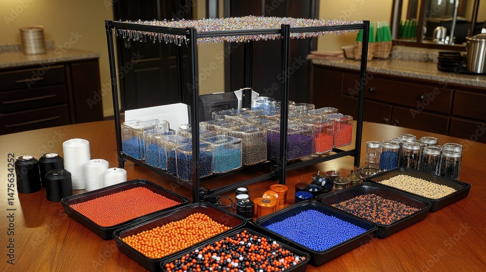 Poster Professional beading loom set up with pattern-in-progress, beads, and thread spools around it