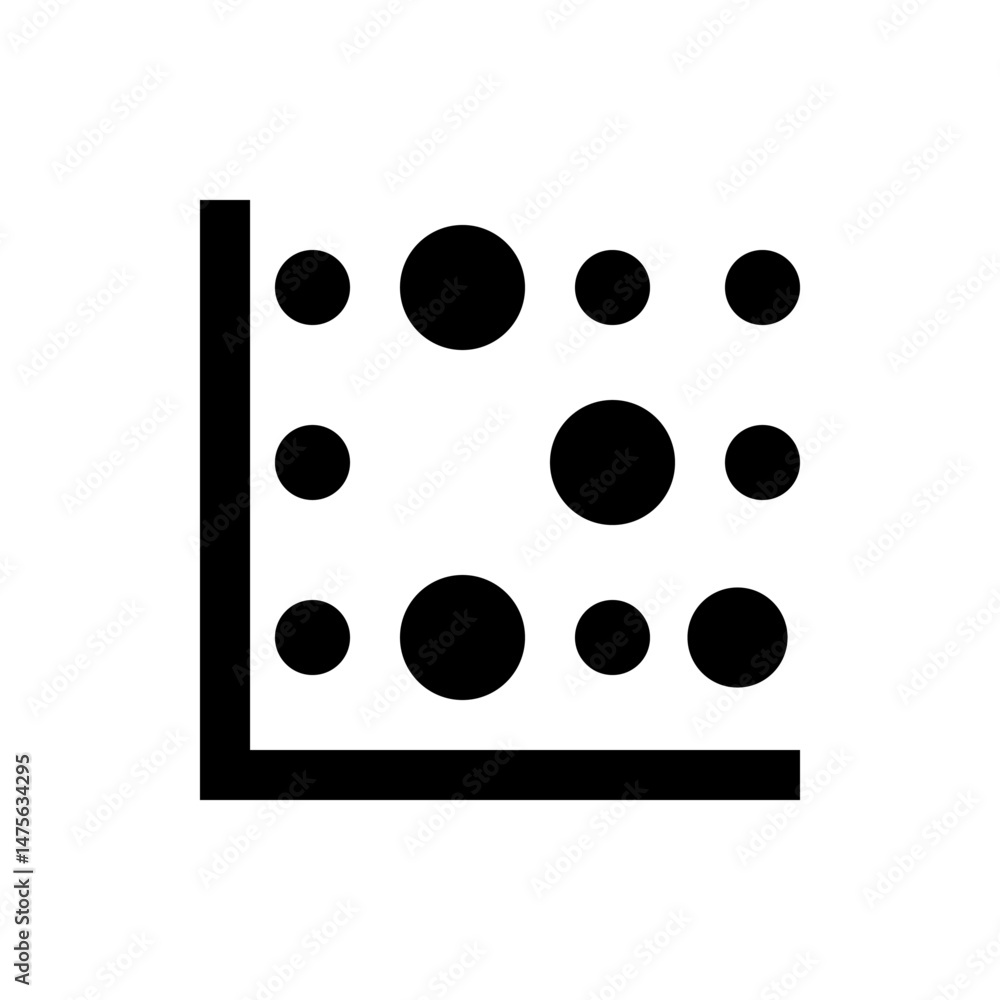 Poster Black circles of varying sizes arranged in a grid pattern on a white background with black border