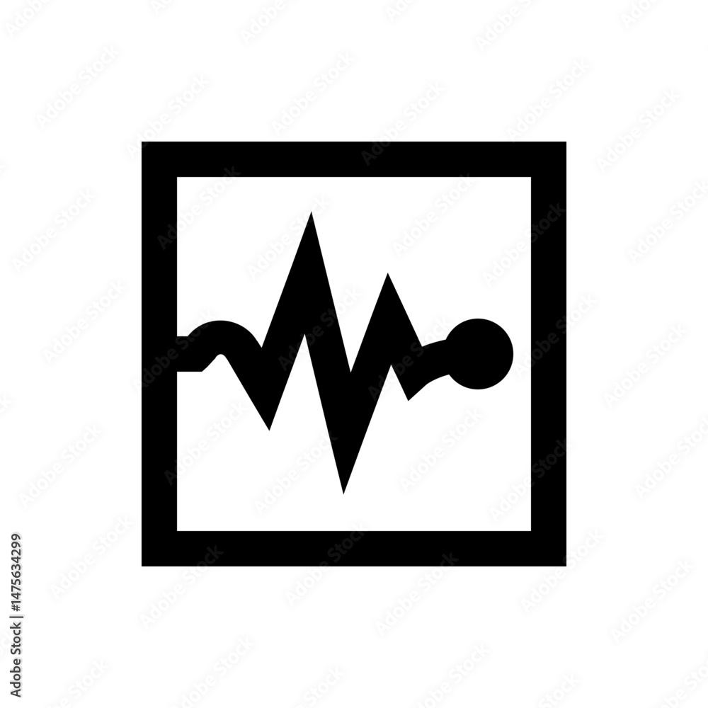 Poster illustration of a black waveform with sharp peaks and a rounded end point inside a square frame desi