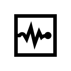Illustration of a black waveform with sharp peaks and a rounded end point inside a square frame design element