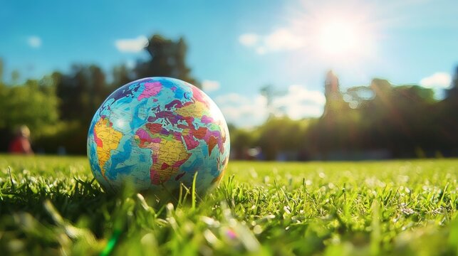 A brightly colored globe rests in green grass under a sunny sky, symbolizing environmental awareness and global interconnectedness.