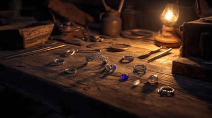 Rustic table with wire-wrapped rings, silver tools, and gemstones under soft lighting
