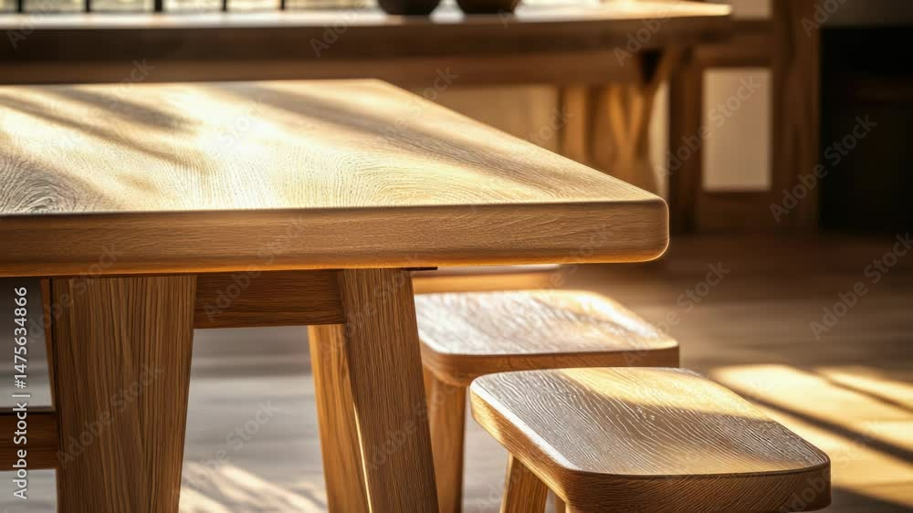Poster A wooden table with four stools in front of it, perfect for a rustic dining or gathering space