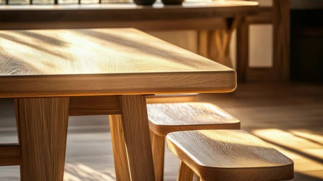 A wooden table with four stools in front of it, perfect for a rustic dining or gathering space