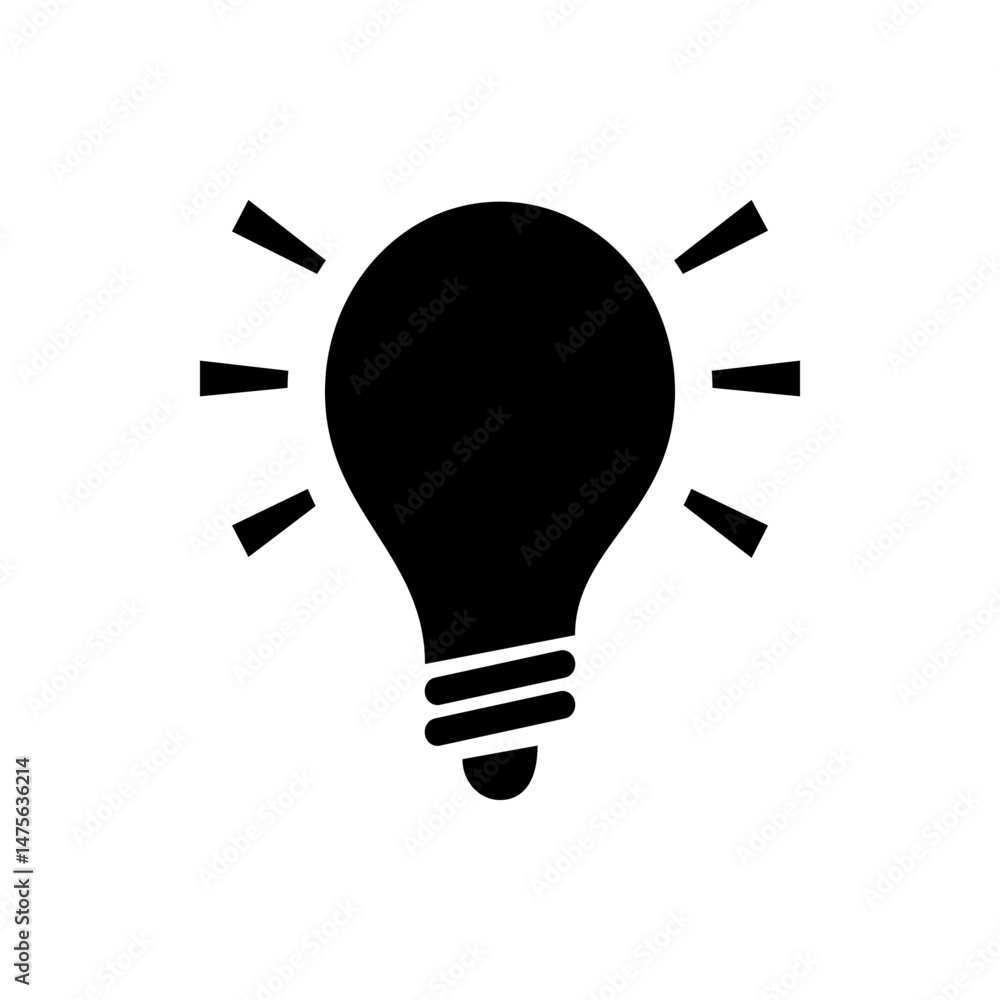 Poster illustration of a black lightbulb with radiating lines suggesting illumination and idea generation c