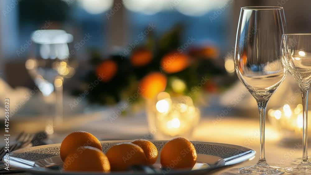 Aufkleber a simple still life arrangement featuring a plate of oranges and a glass of wine