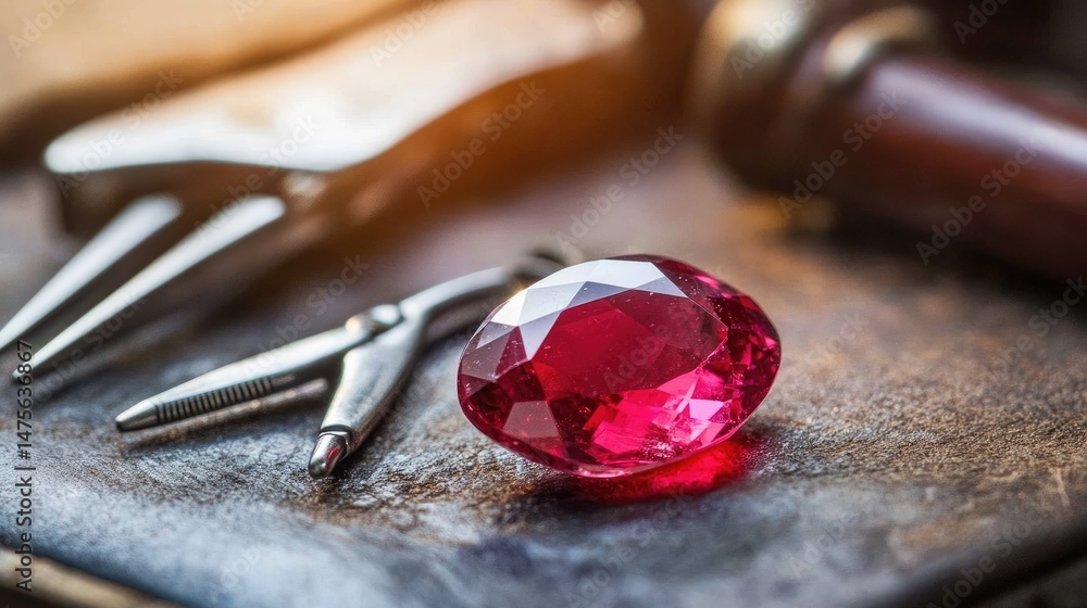 Poster tiny ruby stone placed beside a partially set pendant and micro-tools on a padded workstation