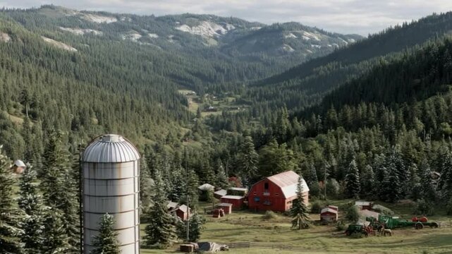Rural valley landscape with farm structures