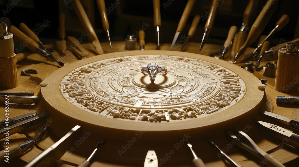Poster wax carving of a ring on a rotating base with carving tools and measuring instruments around