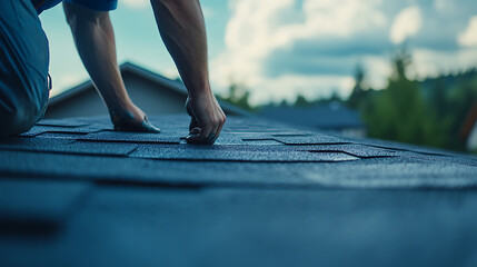 Roofing Contractor Installing Shingles on a Residential Roof
