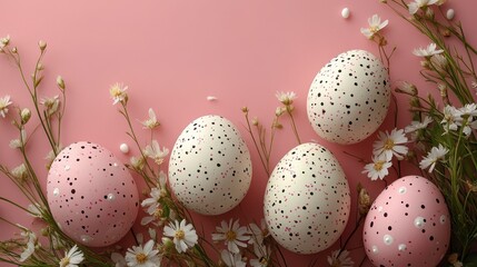 Fototapeta premium Easter eggs and white flowers on a pink background create a festive, spring-themed still life