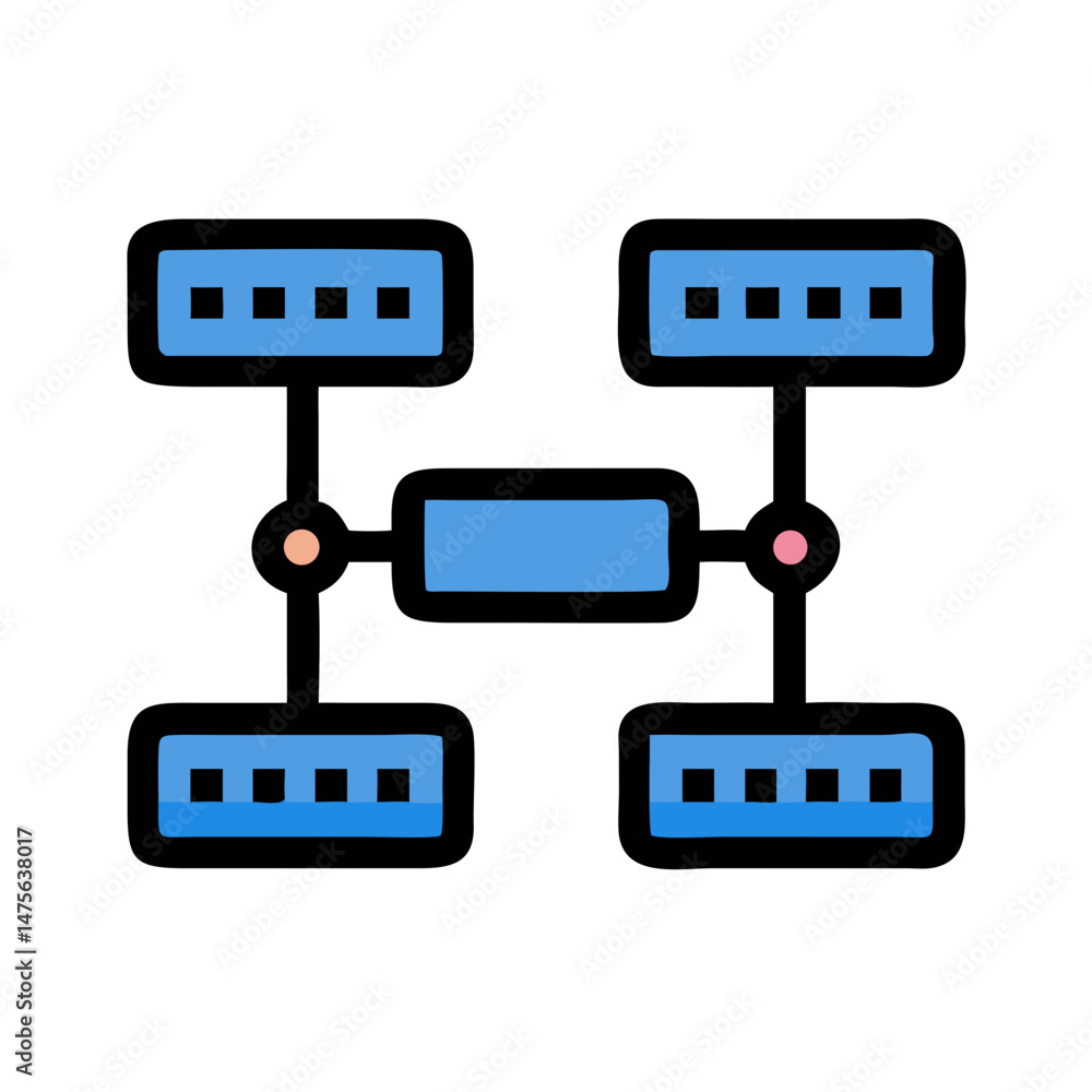 Poster abstract connection diagram with blue shapes and two dots