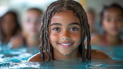 Obraz premium Happy young girl with braided hair smiling in clear water, enjoying swimming lessons with friends in a bright indoor pool setting during summer activities