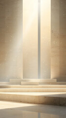Sunlit minimalist marble room; product display; calm background; ideal for advertising