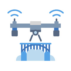 Drone spraying crops over bridge, agricultural technology illustration
