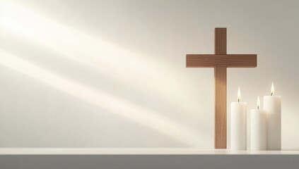 Naklejka premium A simple wooden cross and two white candles on the right side of an empty background, creating space for text Generative AI