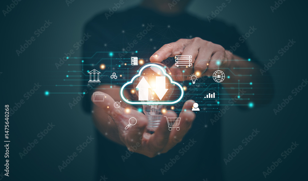 Poster businessman holding and point to lightbulb with virtual cloud computing for online business icon, in