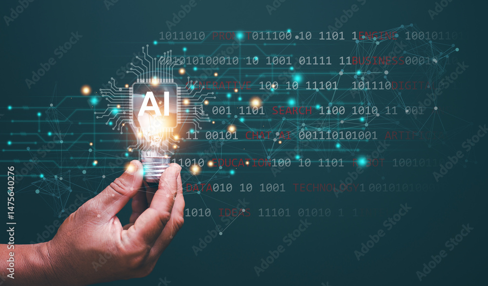 Poster Innovative AI technology for business, Artificial Intelligence concept, Businessman holding lightbulb with Ai and binary code with text of ai technology for assist business administration.