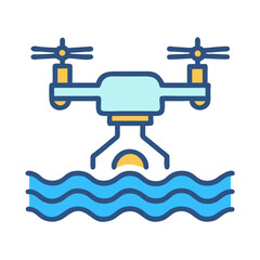 Drone surveying water surface, smart agriculture technology concept