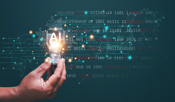 Innovative AI technology for business, Artificial Intelligence concept, Businessman holding lightbulb with Ai and binary code with text of ai technology for assist business administration.