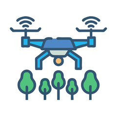 Drone flying over trees in a black background