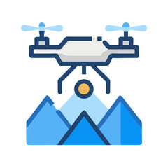 Drone filming mountains icon, remote landscape aerial view