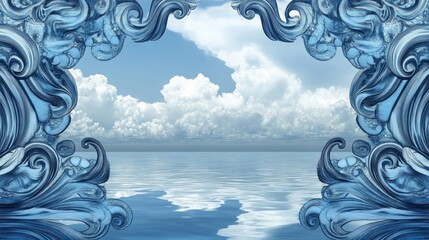 Serene seascape framed by ornate, swirling blue patterns