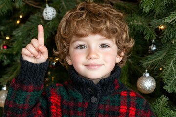 Joyful child with curly hair wearing cozy sweater posing in front of Christmas tree decorated with ornaments and lights, celebrating holiday spirit in winter season